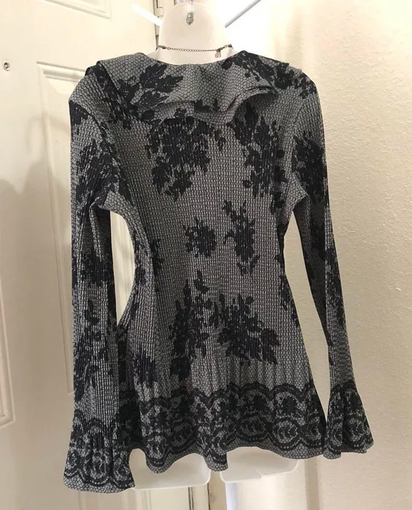 Como Black Whimsygoth Grey black floral ruffle button up down shirt blouse top floral long flare sleeve office siren core, dark academia scoop neck Size S-measurement in pics-stretchy Excellent condition - Image 2