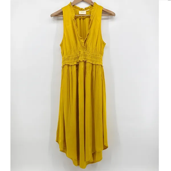 Anthropologie Maeve La Habana Gauze Midi Dress Medium Mango Yellow Smocked VNeck - Image 3