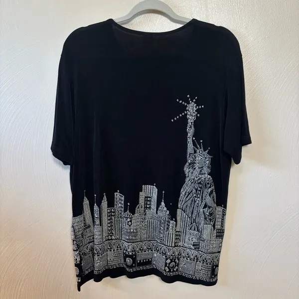 Vintage Womens New York City Shirt Top Rhinestone Bling Applique‎ Black Size L - Image 5