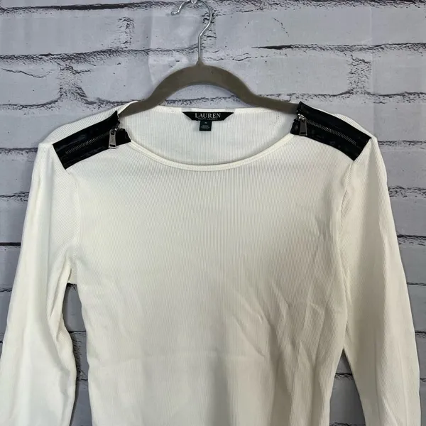 Vintage Lauren Ralph Lauren Zip Shoulder Ribbed Top White Y2K Preppy Streetwear - Image 5