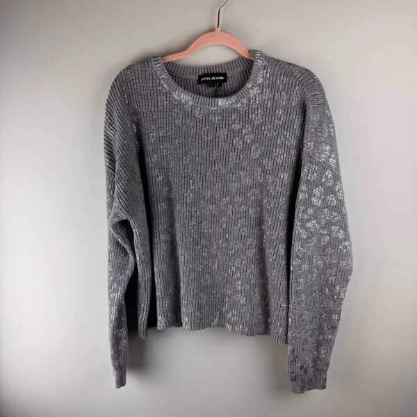 DKNY Jeans 100% Cotton Gray & Metallic Silver‎ Animal Print Size L Crew Sweater - Image 15