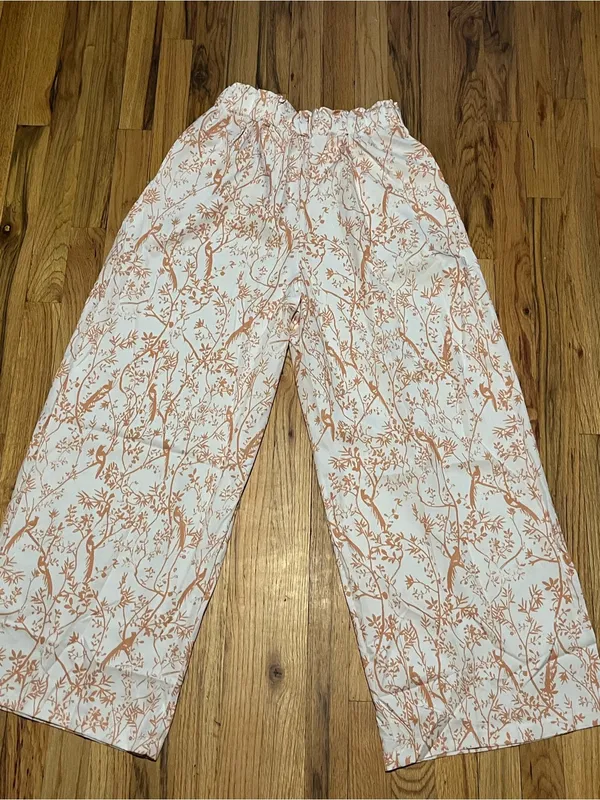 Wide Leg Bird Floral Pants Size M polyeste High Rise Pleated Cream Peach Pockets - Image 3