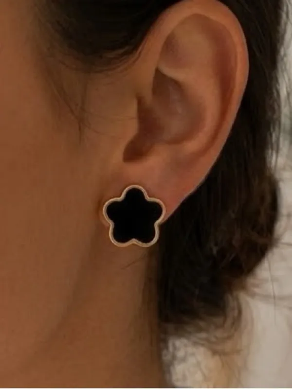 Gold Plated Black Clover Earrings Stainless Steel Floral Unisex Mens Womens - Image 2