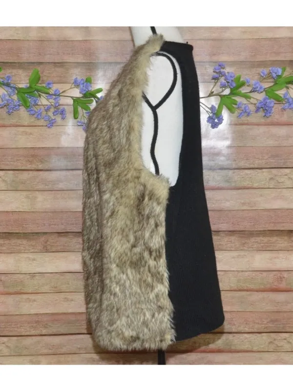 Brown Faux Fur Vest Womens L Black Sweater Knit Back Boho Western Open Front - Image 6