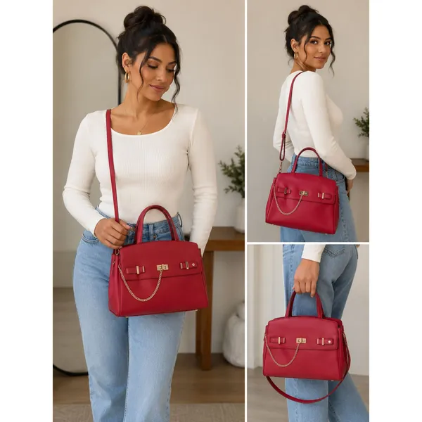 Women’s INC International Concepts Bright Red Satchel with Gold Chain Accent - Image 2