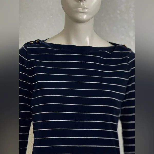 Ralph Lauren Vintage 100% Cotton Navy White Striped Long Sleeve Top Sz Medium - Image 5