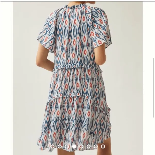 ANTHROPOLOGIE‎ Robin Tiered Ruffle Dress in Ikat White & Blue Print XS - Image 3