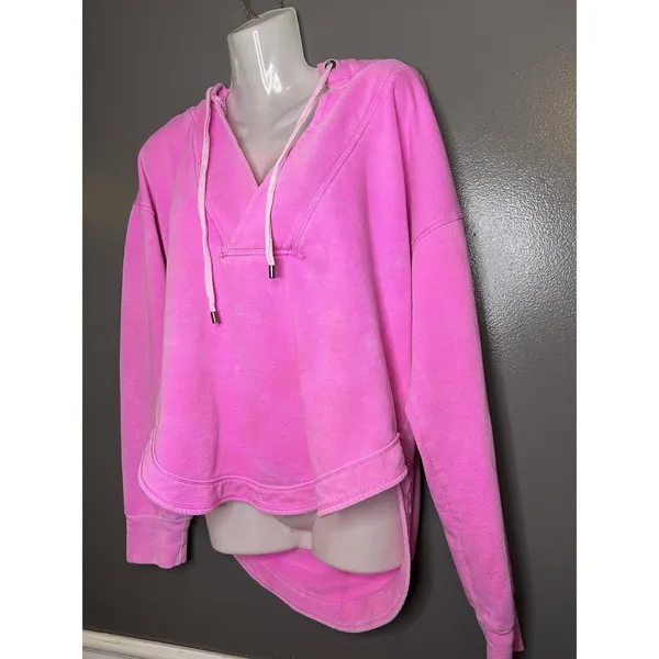 Pilcro Anthropologie Hoodie Sweatshirt Womens Medium Pink Terry V Neck High Low - Image 4