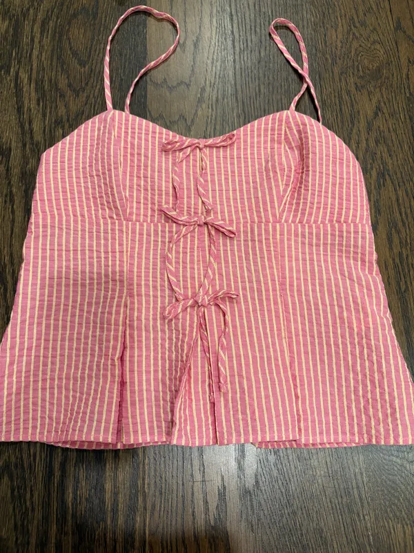 Pink and Yellow Pinstripe Zara Top With Bows - Image 2