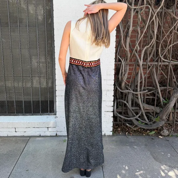 American Vintage 1970s Mod Vintage Sparkly LAME Maxi Peek A Boo hostess dress sz L / ptp 18, length 57 - Image 4