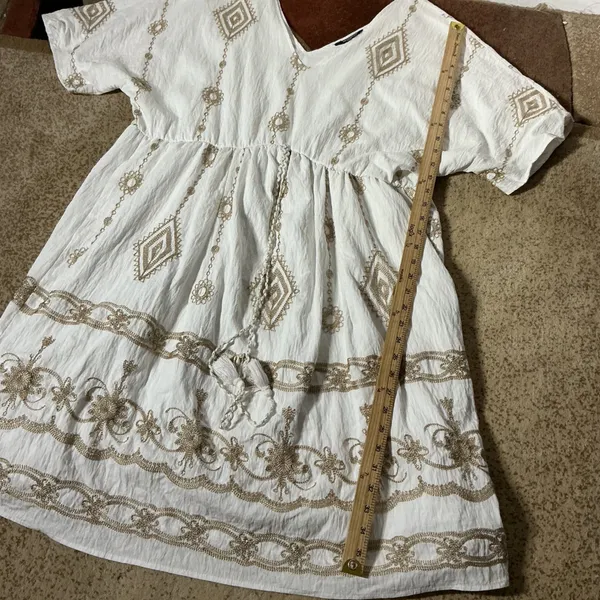 Bloomchic Boho Embroidered Mini Dress Women 18 White Gold Tassel V-Neck Mini - Image 2