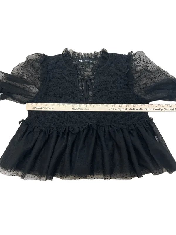 ZARA Black Dotted Sheer Smocked Puff Sleeve Layering Babydoll Blouse - Image 2