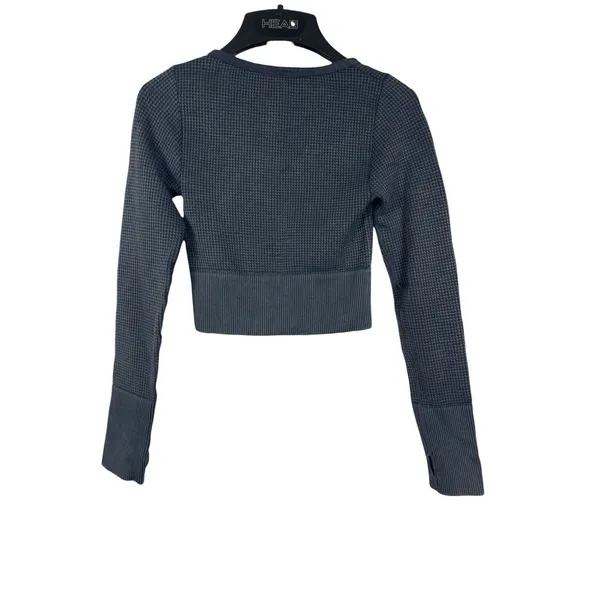 OFFLINE Aerie XS Main Squeeze Waffle Crop Top Gray Henley Long Sleeve Thumbholes - Image 4
