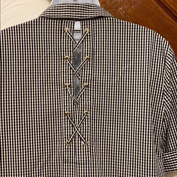Anne Klein Button Down Shirt Womens Black Gingham Lace Up‎ Back Size M - Image 4