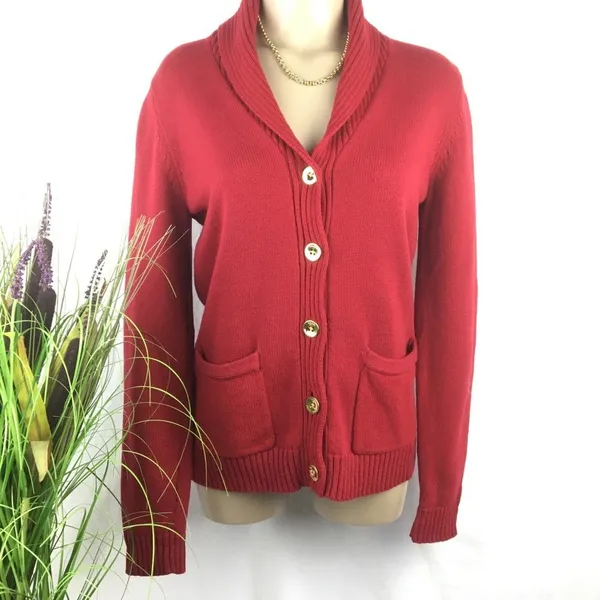 Ralph Lauren Red Cotton Knit Cardigan Button up Preppy Sweater M - Image 2
