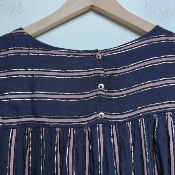 Anthropologie‎ Women Cotton Cameron Tie Sleeve Blouse XS Navy Gold Striped Top - Image 9