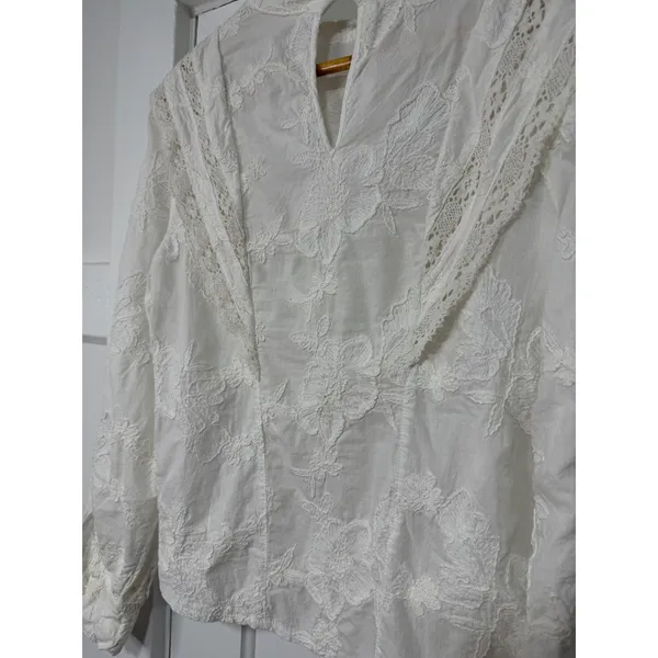 Ultra Pink White Embroidered Lace Victorian Mock Neck Cotton Blouse Top Medium - Image 4