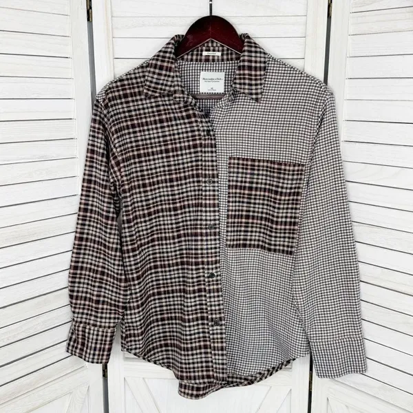 Abercrombie & Fitch Oversized‎ Multi Plaid Flannel Shirt Brown XS Button Up - Image 7