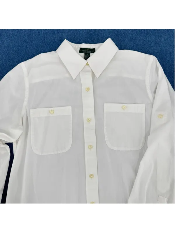 Lauren Ralph Lauren White Cotton Button Front Shirt Tab Up Long Sleeves Heritage - Image 2