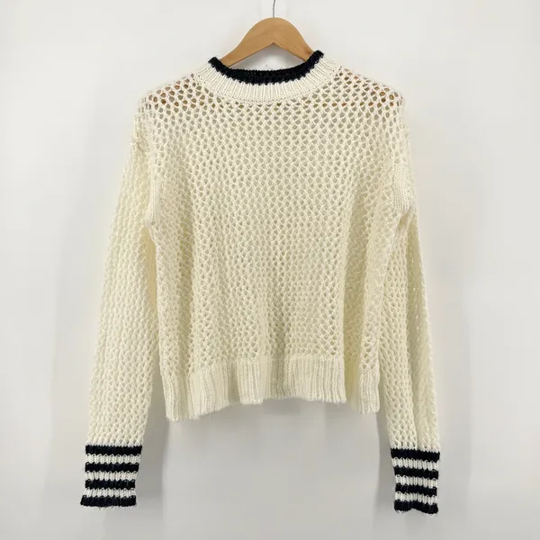 Elan Womens Cream Mock Neck Open Knit Sweater Black Stripe Cuff‎ Detail Medium - Image 2