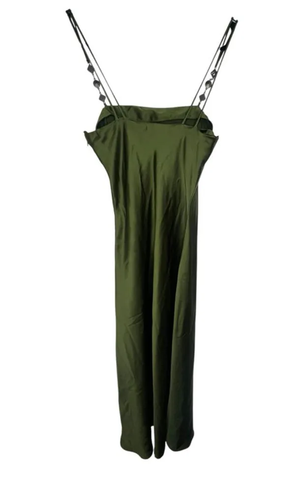 ZARA Green Satin Long Dress With Rhinestone Spaghetti Straps - Image 5