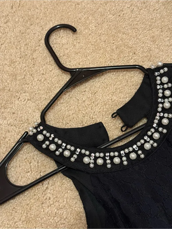 Altar'd State Black Lace Mini Dress with Beaded Collar - Image 3