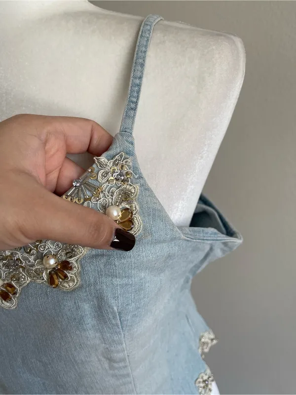 Embellished Light Blue Denim Cami Top Size L - Image 7