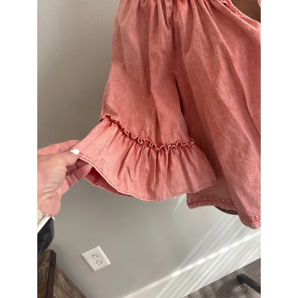 Free People‎ Pink Washed Smocked Neck Ruffle Sleeve Tie Neck Blouse Top S - Image 2