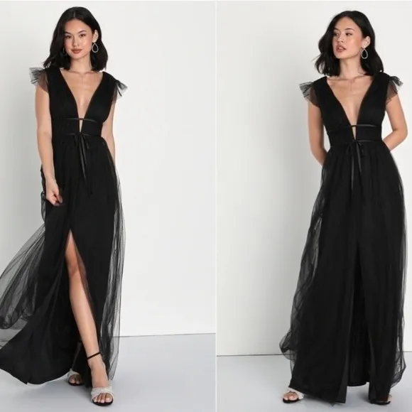 NEW Lulus Women Im All Yours Dress XS Black Tulle‎ Flutter Plunging Maxi Gown - Image 3