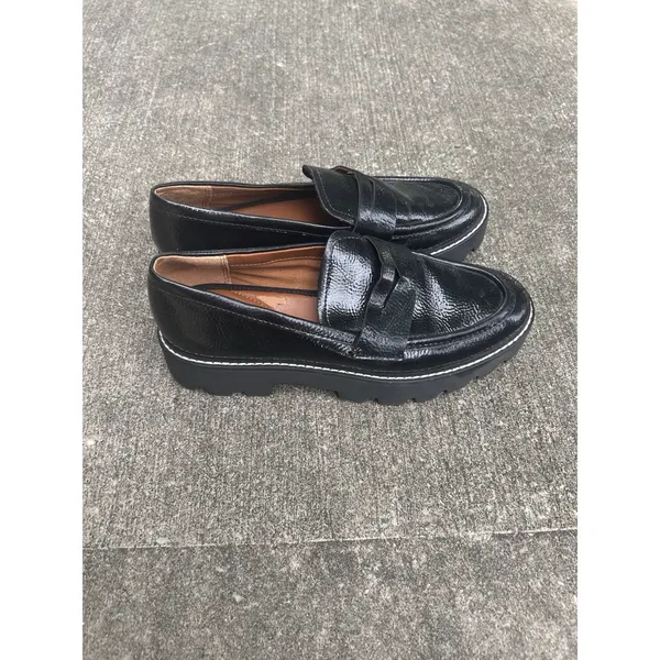 Franco Sarto Balin Black Crinkled Patent Lug Sole Penny Loafers W 7M Platform - Image 3