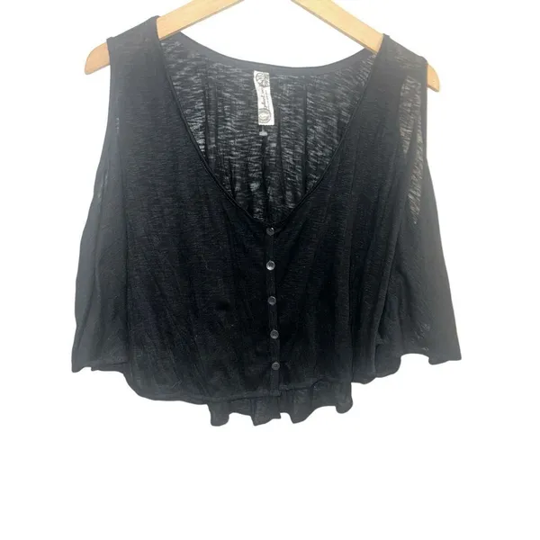 ✨Free People Black Crinkle Button Front Swing Crop Sz Medium Top✨ - Image 6