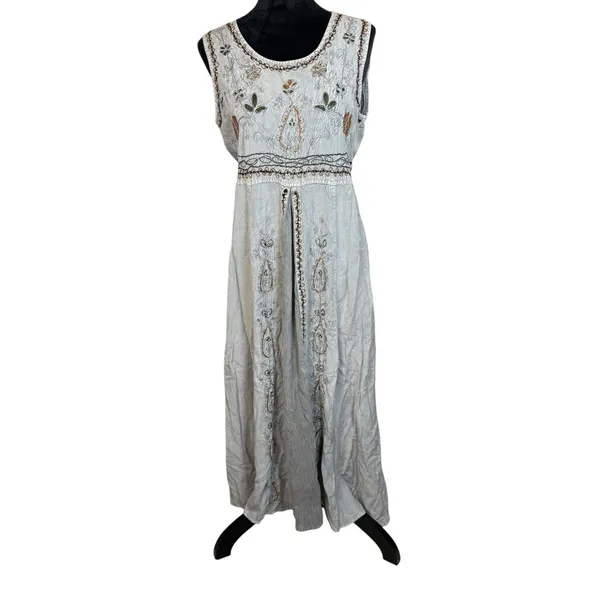 Vtg 90s MPH Gray Floral Embroidered Sleeveless Boho Maxi Dress Large Lagenlook - Image 2