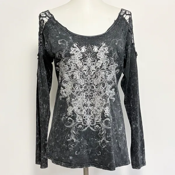 Maurices Silver Top Large Black Mineral Wash Crochet Lace Scroll Rhinestone L - Image 2