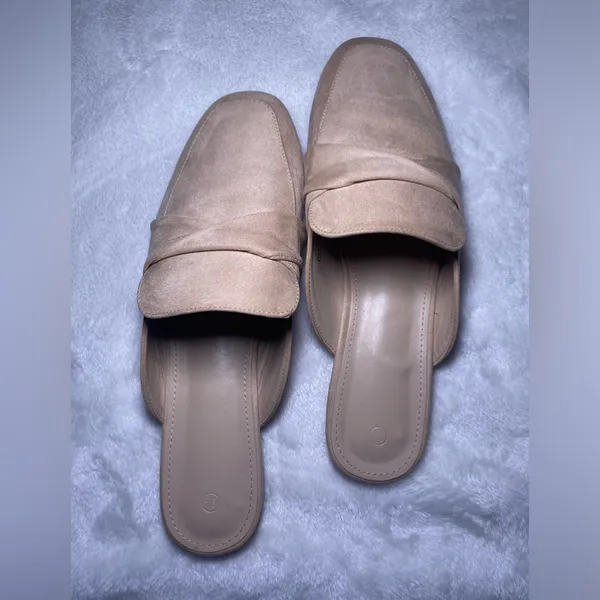 LAICIGO Suede Flat Mules Closed Square Toe Backless Loafers Beige Tan 9.5 - Image 3