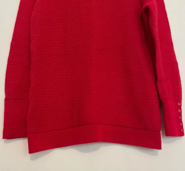 ANN TAYLOR LOFT Textured Button Cuff Sweater Bright Red 100% Cotton Crew Neck M - Image 5