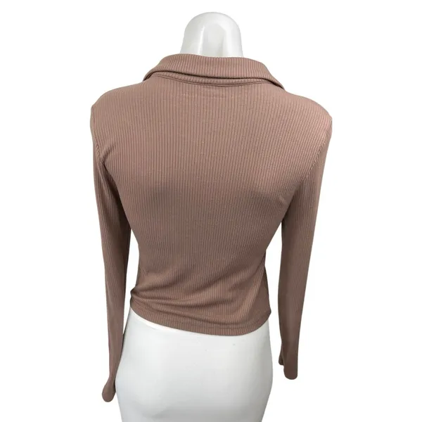 Abercrombie & Fitch Brown Ribbed Knit Collared Button Up Ruched Shirt Top Size S - Image 2
