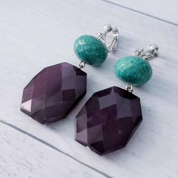 Vintage Clip On Earrings 1.25" Dark Purple & Turquoise Tone Large Chunky Dangle - Image 6