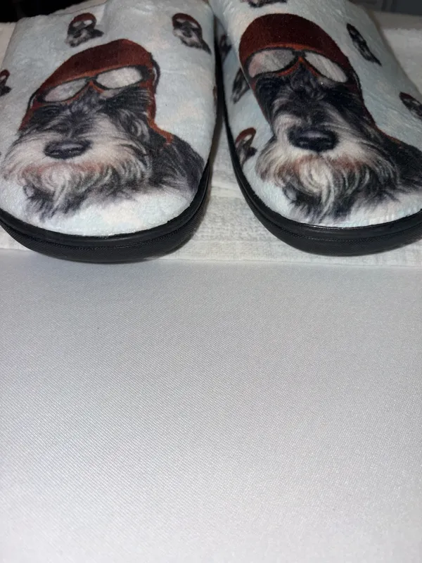 Plush Dog in leather flight cap Pattern Slip-On Clog style Slippers Sz 40-41 9.5 - Image 2