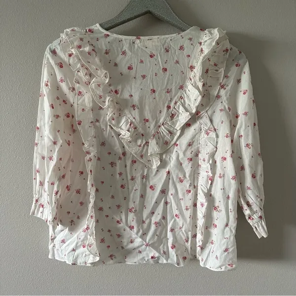 LoveShackFancy Cream & Pink Floral Print Ruffle Blouse - Image 6