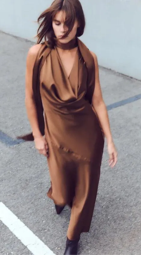 Zara maxi halter scarf satin plunge neck Brown Evening Wedding - Image 7