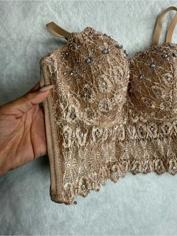 Windsor Embellished Lace Corset Bustier Crop Top Nude Blush Size S - Image 4