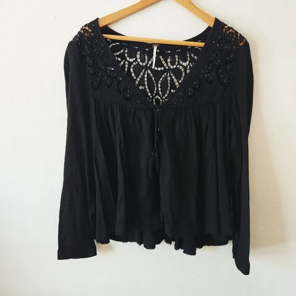 Free People 'Doin' It Right' Button Front Blouse Black Boho Flowy Lace $128 Sz S - Image 3