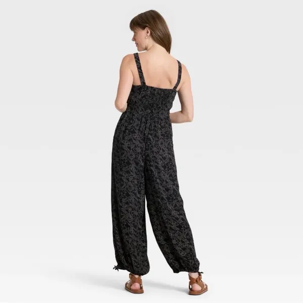 Universal Thread Smocked Boho Jumpsuit Dark Floral Tie-Cuff Cottagecore Festival - Image 3
