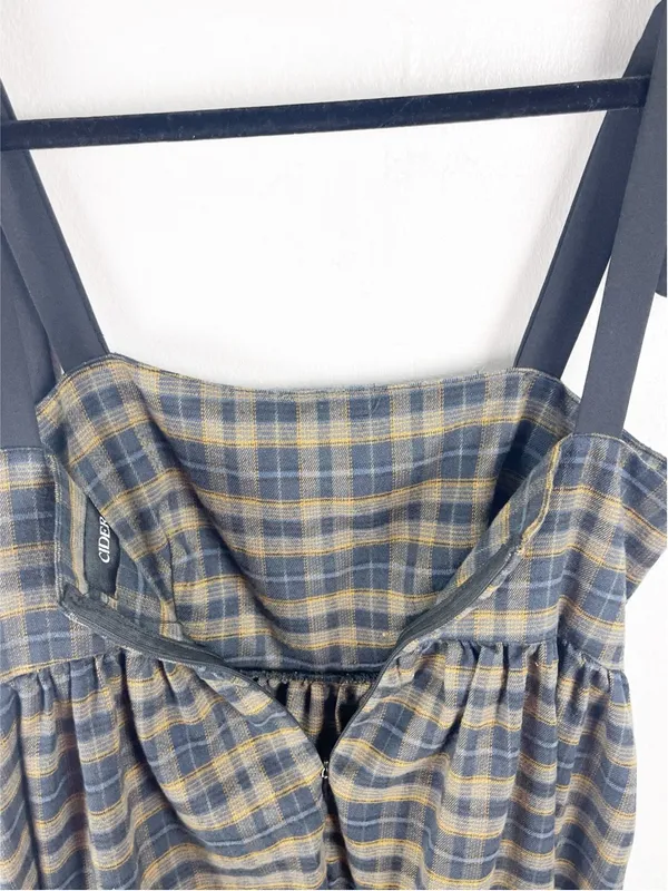 CIDER Brown Tartan Plaid Tie Shoulder Straps Back Zipper Closure Dress Medium - Image 5