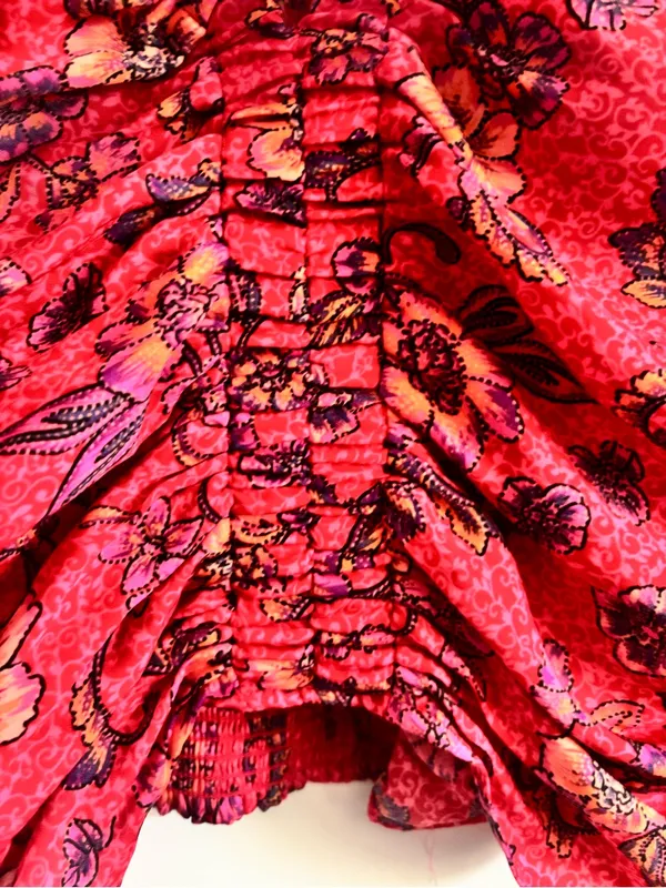 Free People Pink Red Floral "IGot You" Smocked Ruched Long Sleeve Crop Top - Rub - Image 8