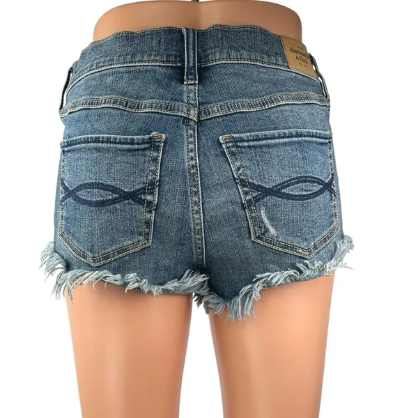 Abercrombie & Fitch Blue Medium Wash Distressed Mid Rise Cutoff Denim Shorts 4 - Image 3