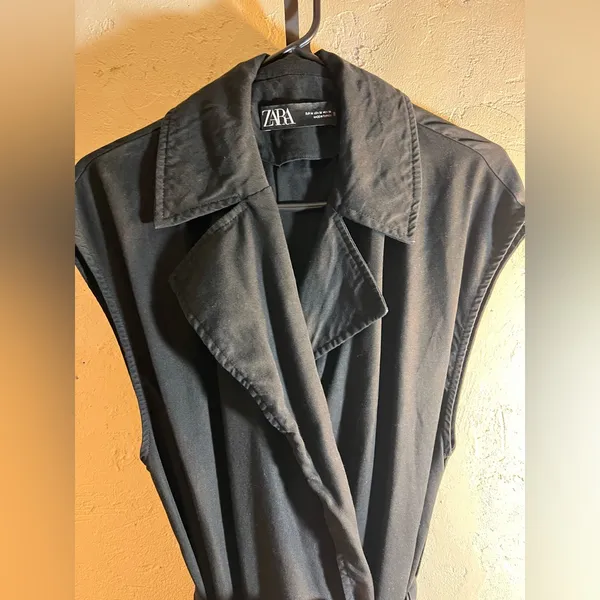 Zara Black Collared Mini Dress M trench duster wrap pockets - Image 4