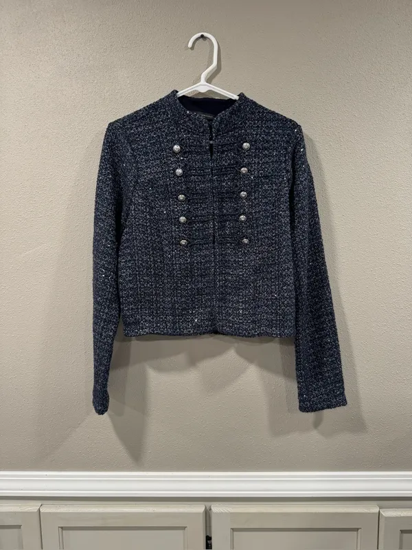 White House Black Market Navy Blue Tweed Jacket with Light Blue Accents Glitter - Image 2