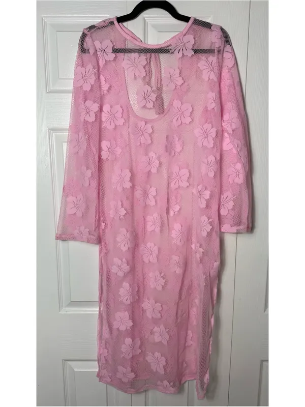 Women's Pink Floral Lace Fishnet Mesh Sheer Long Sleeve Midi Dress Cover Up M/L - Image 8
