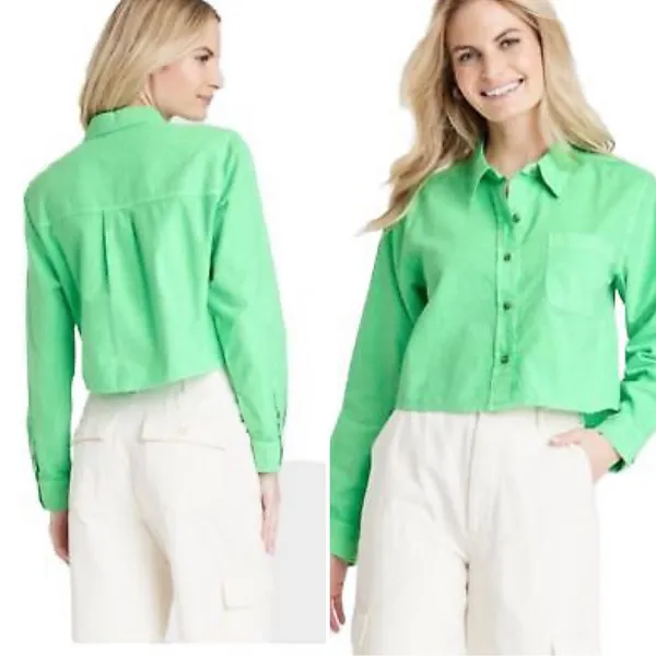 Universal Thread Crop Top Light Neon Green Cotton Linen‎ Size XS Long Sleeves - Image 2